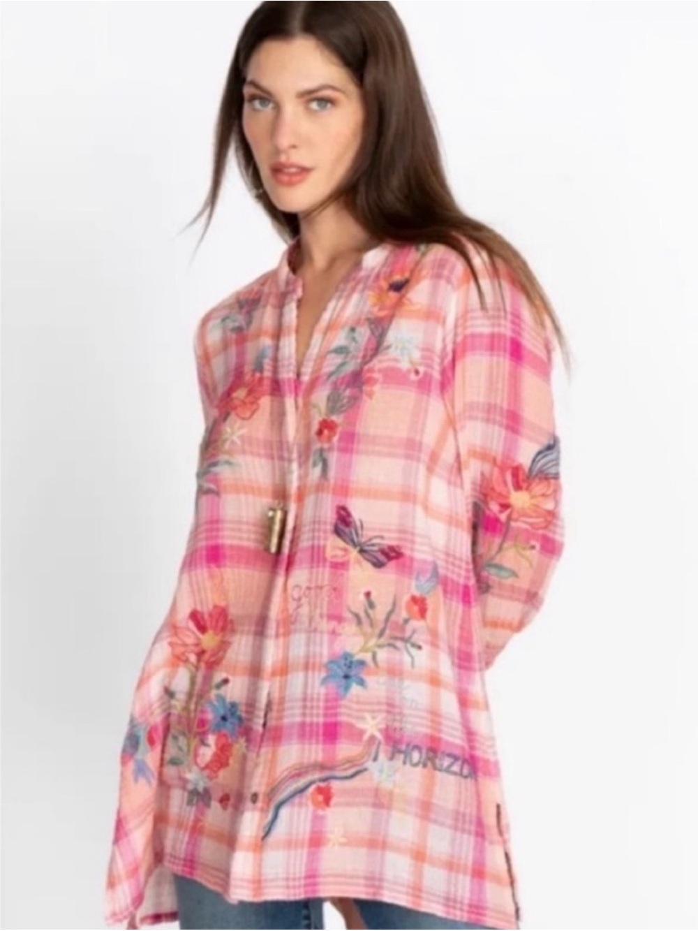 Johnny Was Workshop Jordan
Voyager Tunic pink plaid button with embroidery